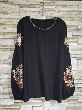 ​Boho Floral Embroidered Blouse Women Size XL Black Cottagecore Balloon Sleeve